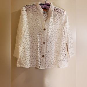 RUBY RD. WHITE LACY BUTTON UP BLOUSE TOP 4 Petite